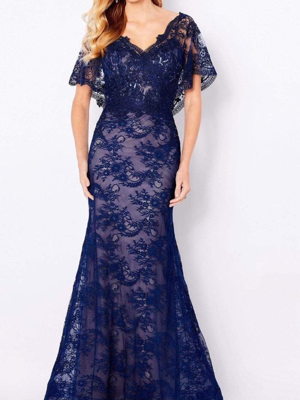 NWT Cameron Blake 221687 Mother of the Bride V-Neck Dress Navy Blue Nude Size 8